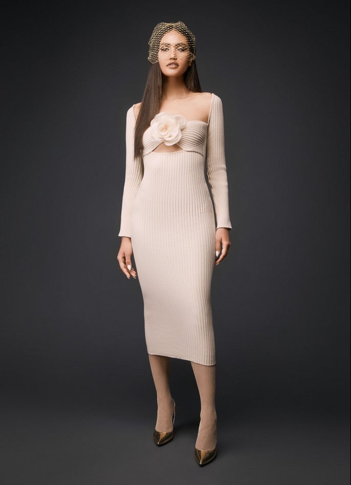 RIBBED-KNIT LONG SLEEVE TWIST MIDI DRESS WITH HANDMADE ROSE - OFF-WHITE